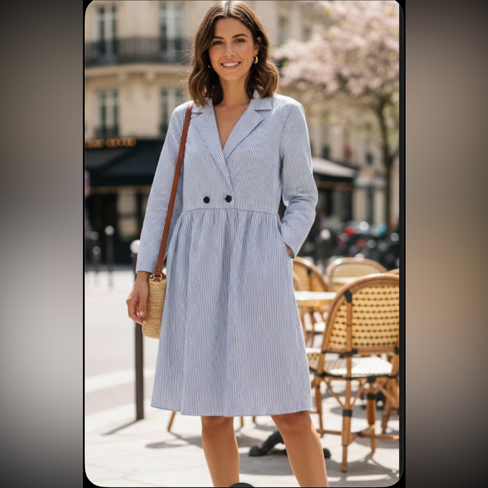 ASOS Dress White and Blue Stripes Long Sleeve A-Line - Size 4